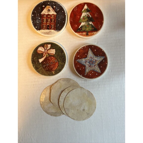 Cypress Home Christmas Deluxe Absorbant Ceramic 4-Coaster Wooden Box Set Cork - Picture 13 of 15